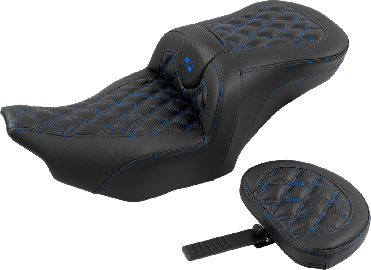 RoadSofa™ Seat - With Backrest - Carbon Fiber - Lattice Stitch - Blue Stitch - FLTR/FLHX '23-'24