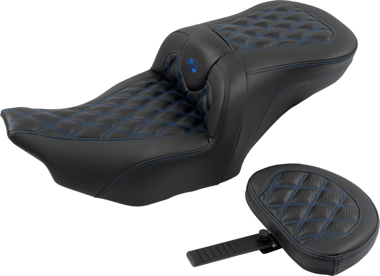 RoadSofa™ Seat - With Backrest - Carbon Fiber - Lattice Stitch - Blue Stitch - FLTR/FLHX '23-'24