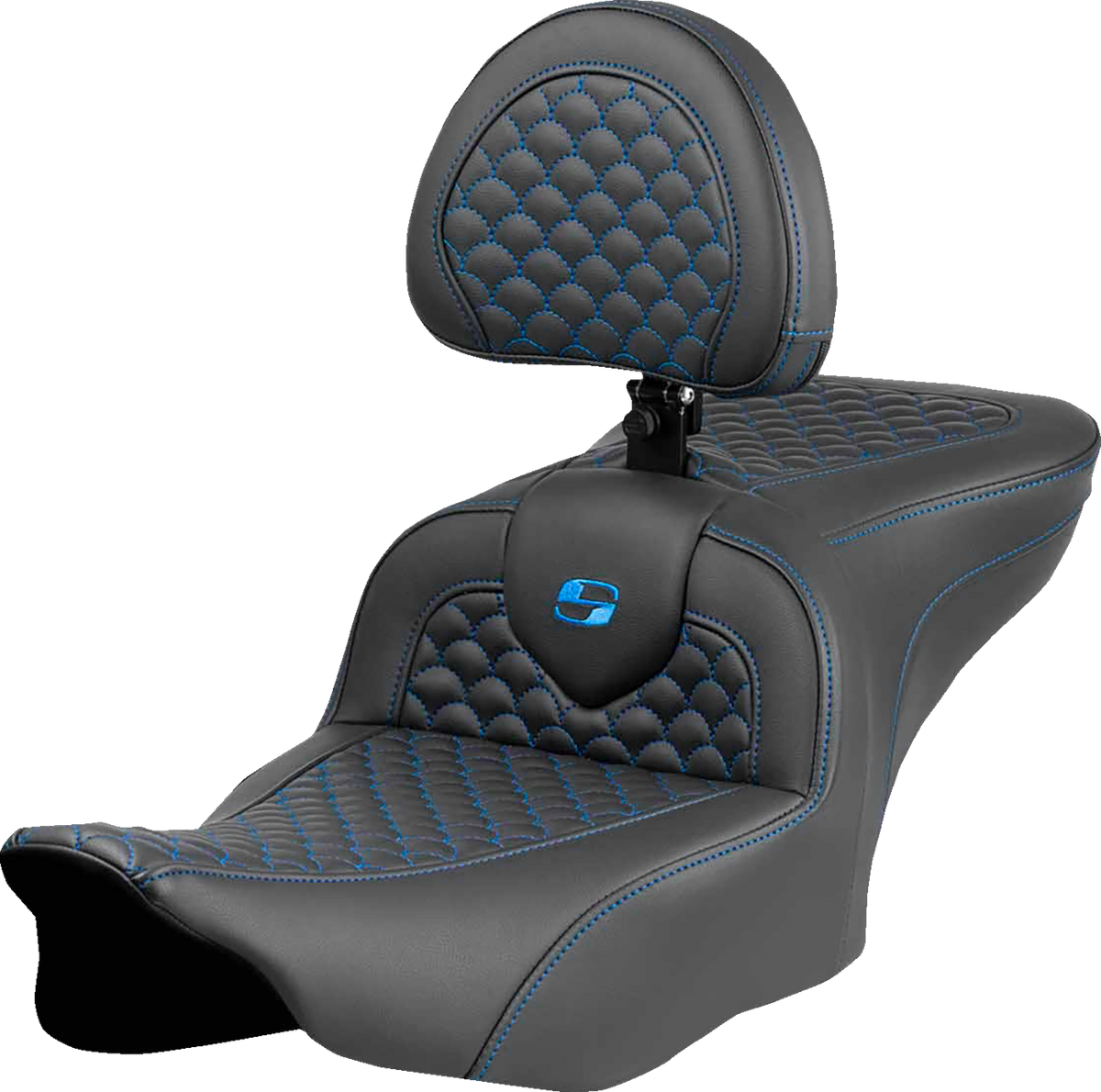 Roadsofa™ Seat - Dragon Scale Stitch - Blue Stitch - W/ Backrest - FLTR/FLHX '23-'24