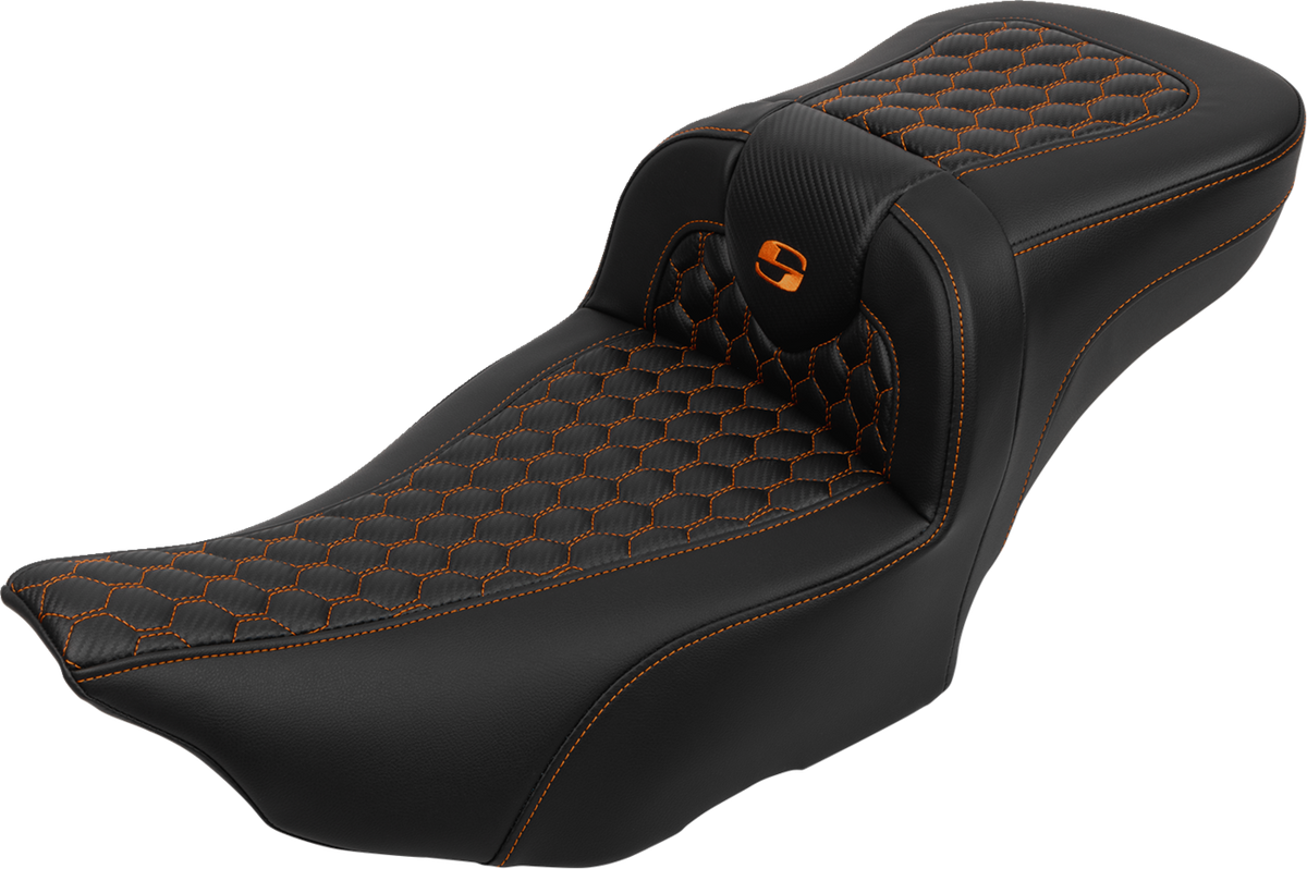 Roadsofa™ Extended Reach Seat - With Backrest - Honeycomb - Orange Stitch - FLTR/FLHX '23-'24