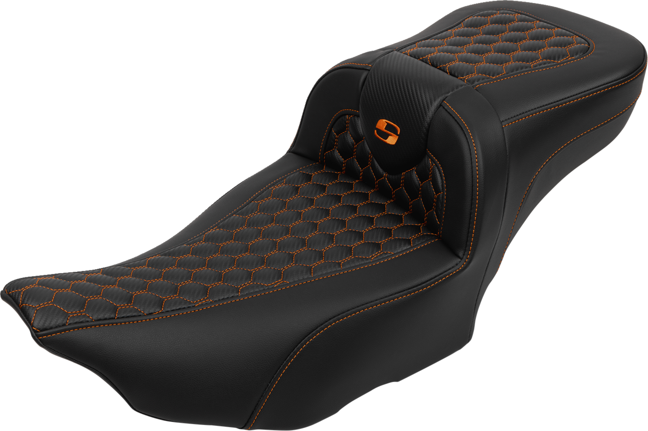Roadsofa™ Extended Reach Seat - With Backrest - Honeycomb - Orange Stitch - FLTR/FLHX '23-'24