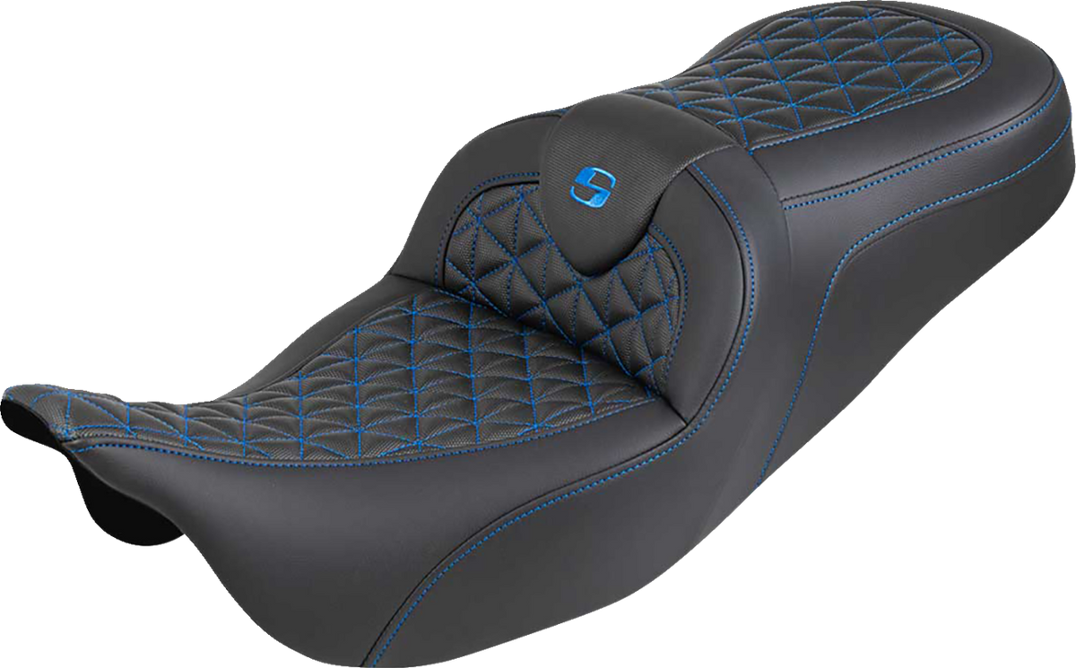 RoadSofa™ Tri Gripper Seat - Standard Reach - Blue Stitch - W/O Backrest - FLH/FLT '08-'25