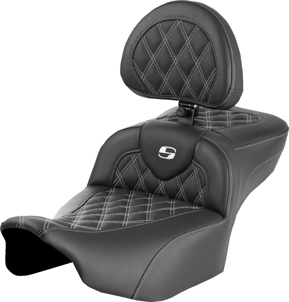 Roadsofa™ Extended Reach Seat - With Backrest - Lattice Stitch - White Stitch - FLTR/FLHX '23-'24