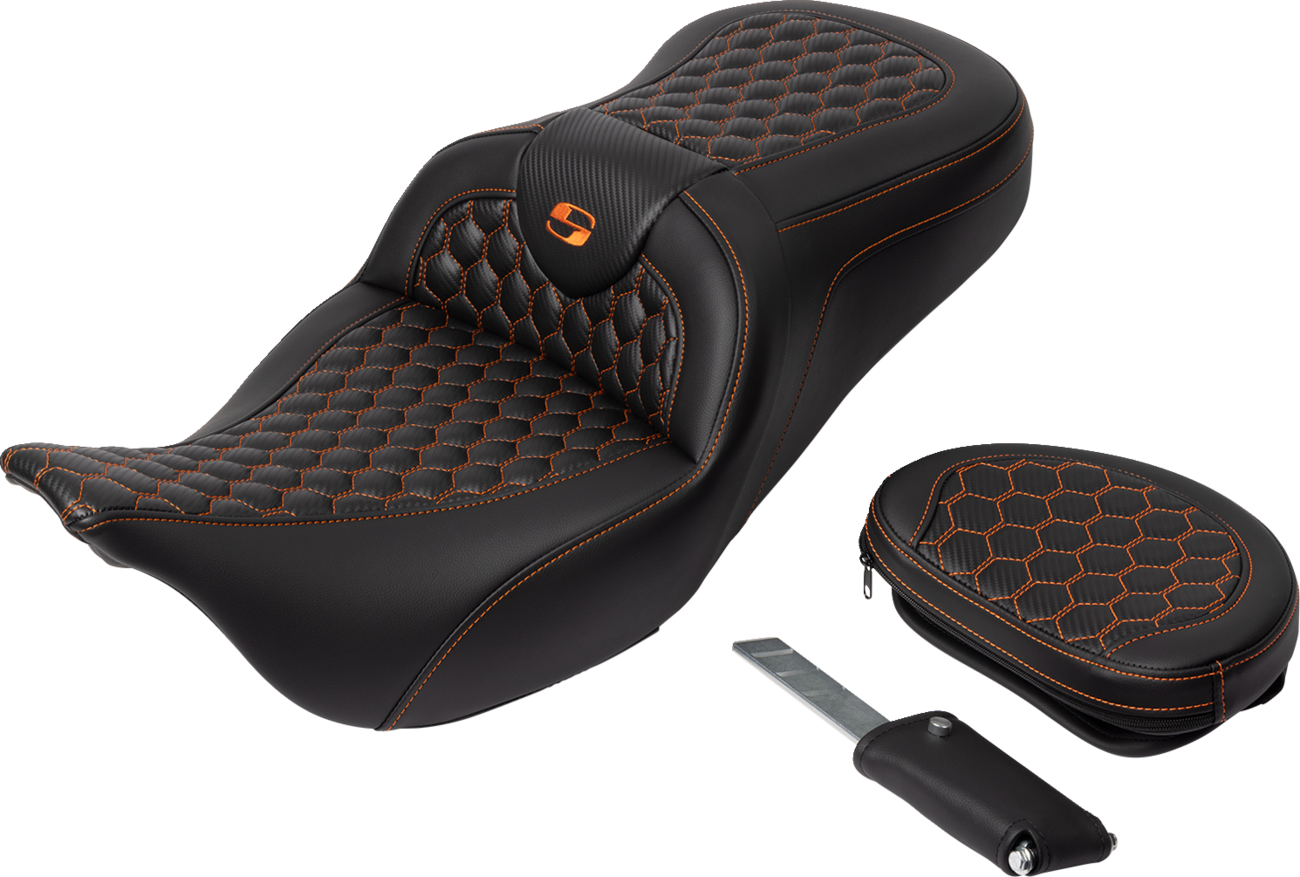 RoadSofa™ Seat - Honeycomb - Orange Stitch - With Backrest - FLH/FLT '08-'23