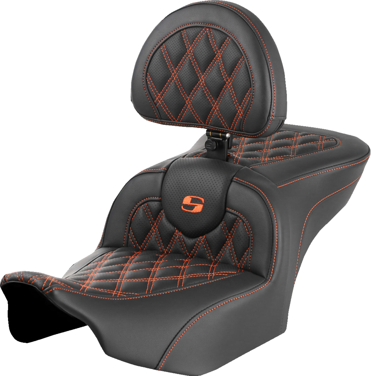 RoadSofa™ Seat - With Backrest - Lattice Stitch - Orange Stitch - FLTR/FLHX '23-'24