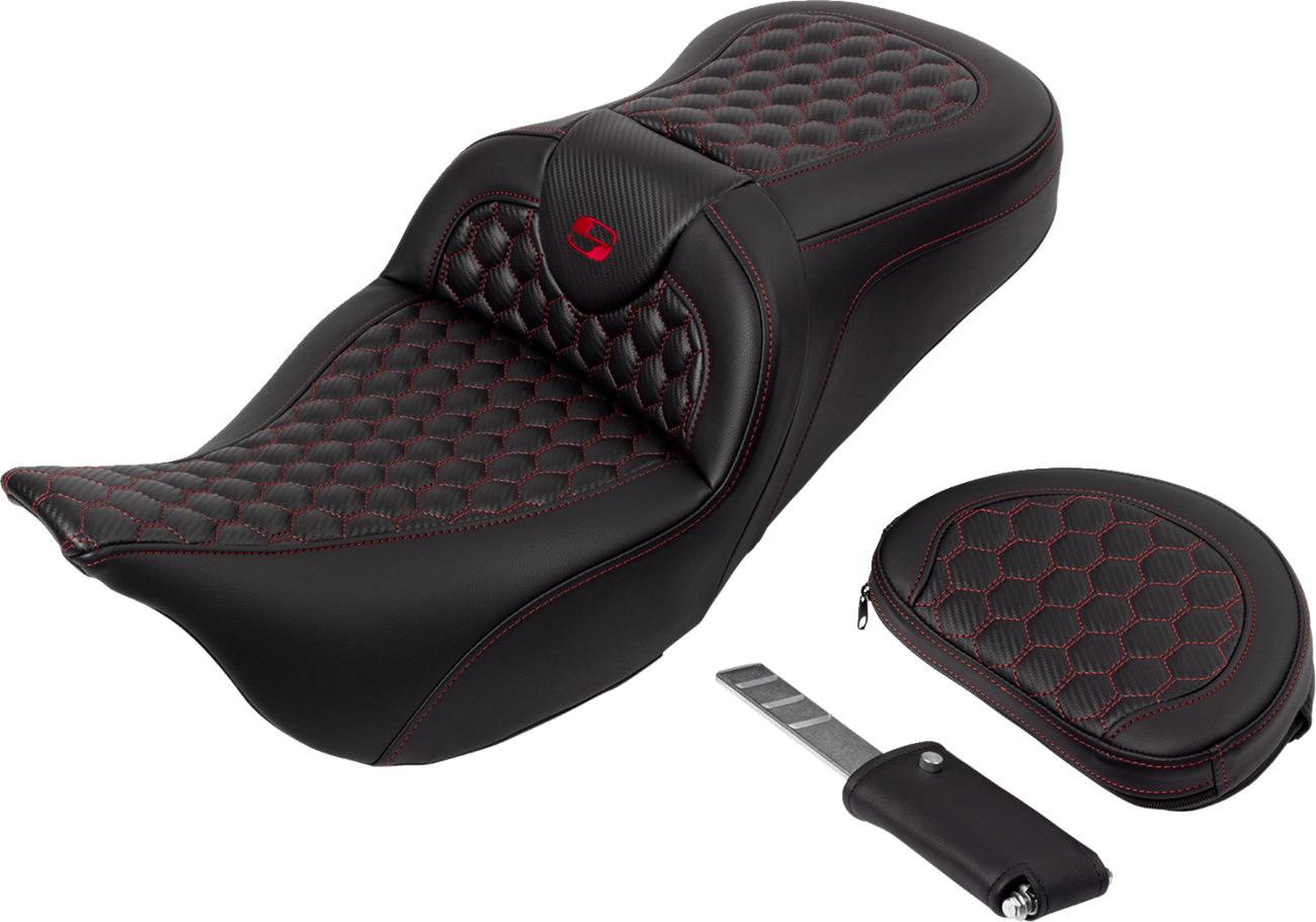 RoadSofa™ Seat - Honeycomb - Red Stitch - With Backrest - FLH/FLT '08-'23