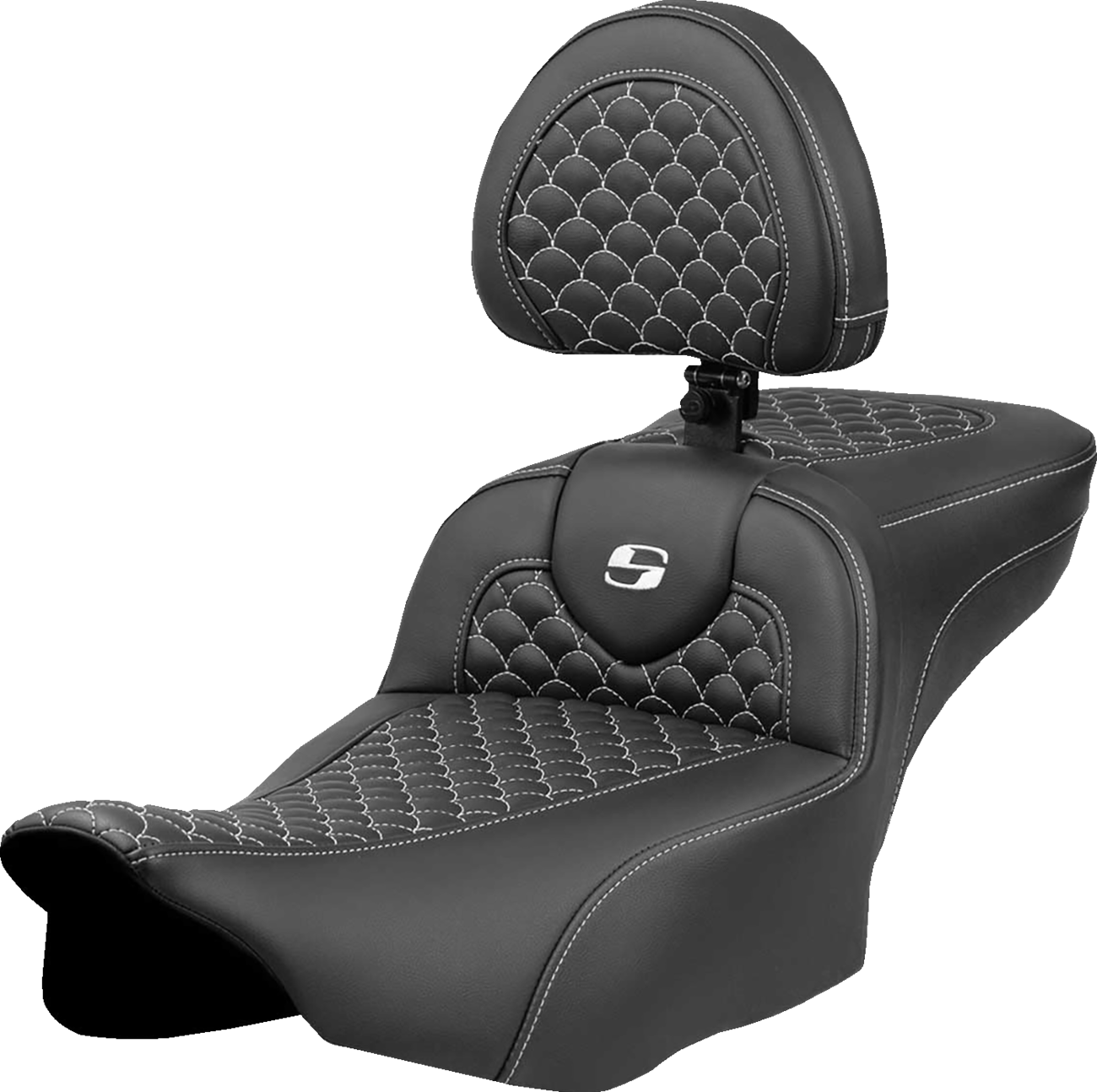 Roadsofa™ Extended Reach Seat - Dragon Scale Stitch - White Stitch - W/ Backrest - FLTR/FLHX '23-'24