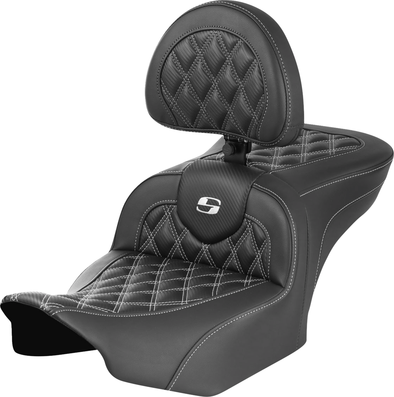 RoadSofa™ Seat - With Backrest - Carbon Fiber - Lattice Stitch - White Stitch - FLTR/FLHX '23-'24