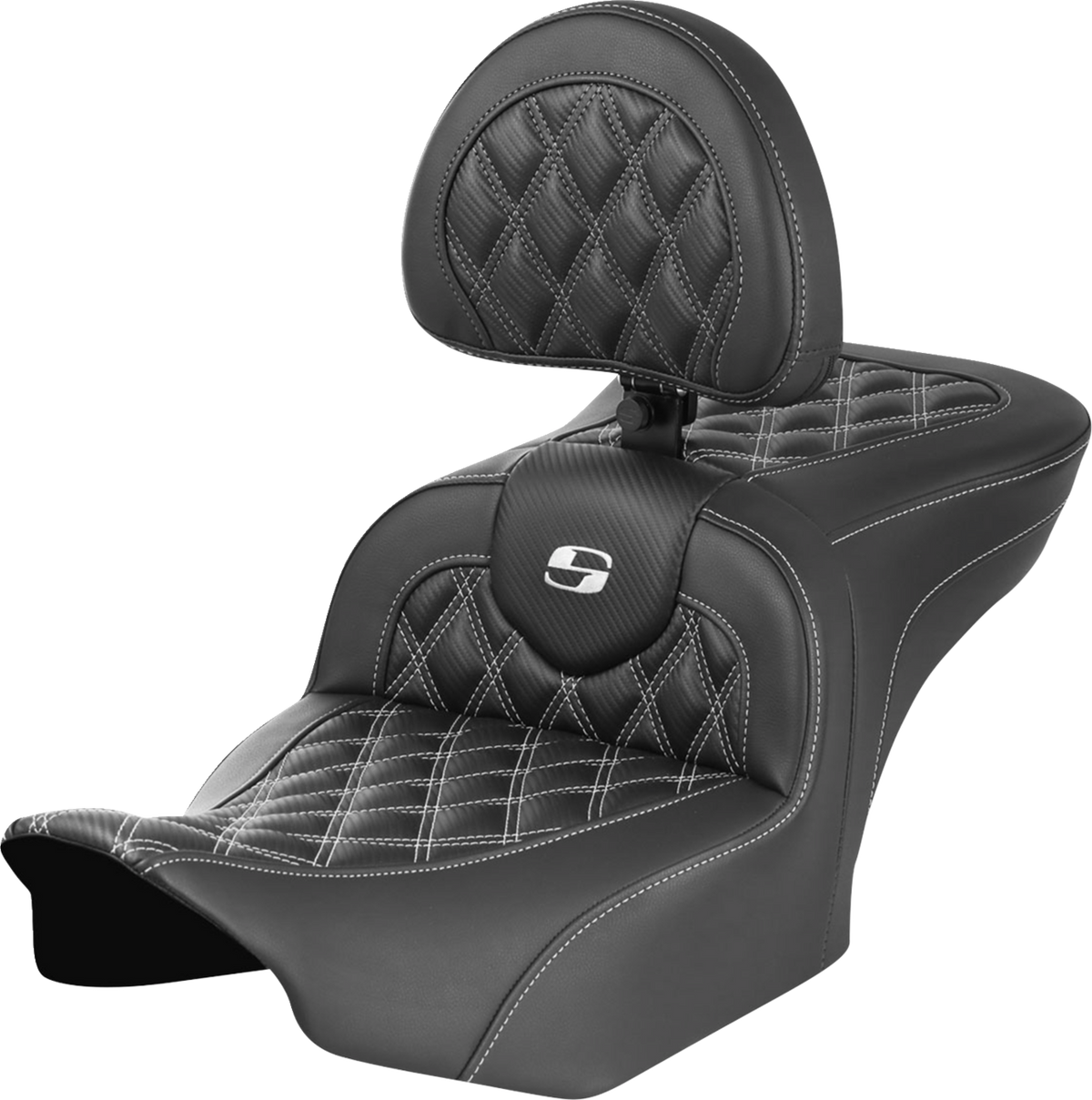 RoadSofa™ Seat - With Backrest - Carbon Fiber - Lattice Stitch - White Stitch - FLTR/FLHX '23-'24