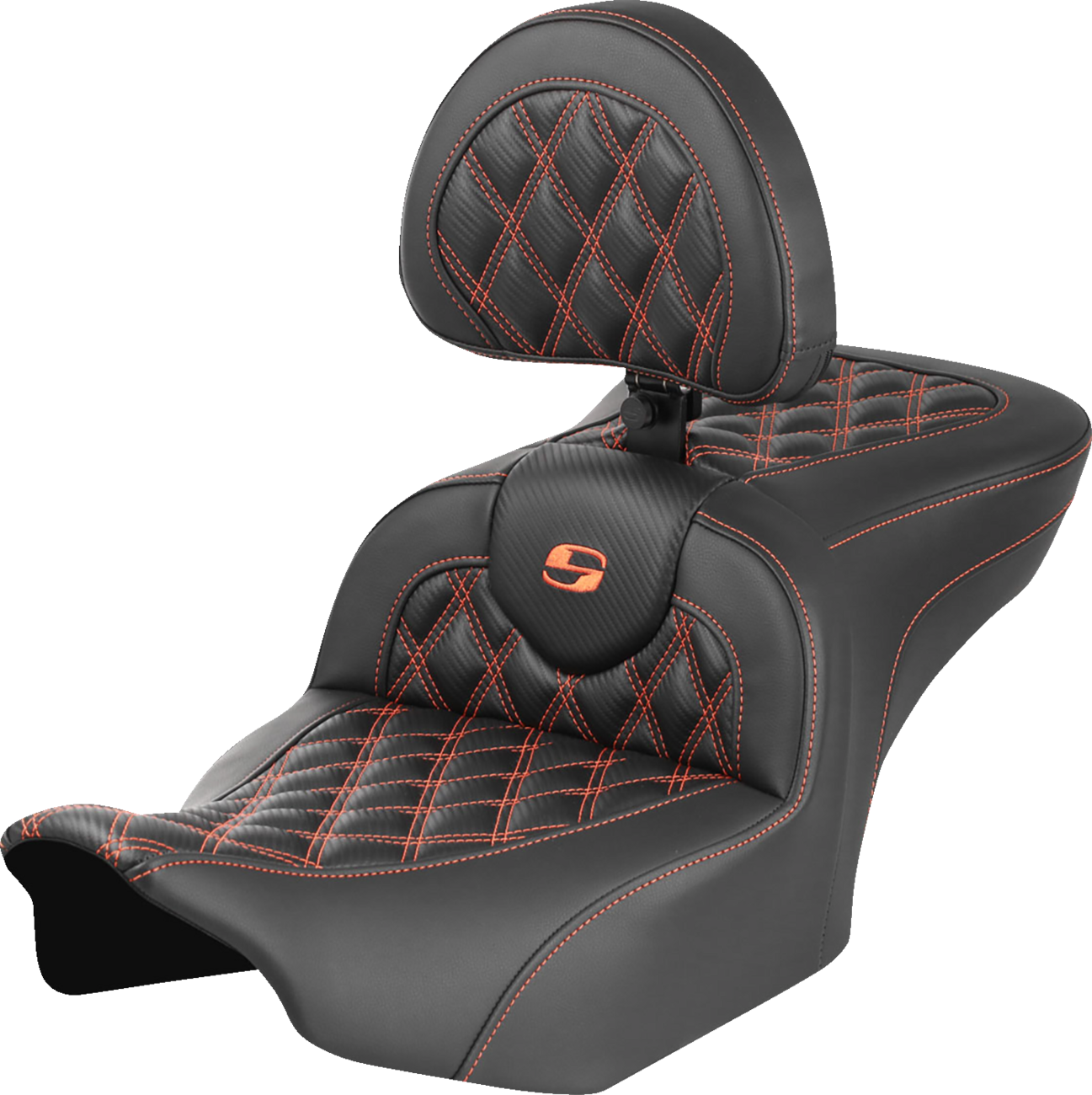 RoadSofa™ Seat - With Backrest - Carbon Fiber - Lattice Stitch - Orange Stitch - FLTR/FLHX '23-'24
