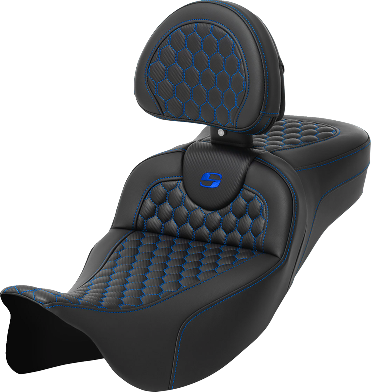 RoadSofa™ Seat - Honeycomb - Blue Stitch - With Backrest - Extended Reach - FLH/FLT '08-'24