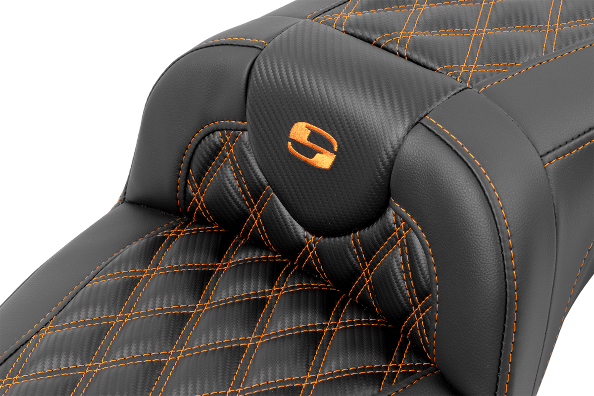 Roadsofa™ Extended Reach Seat - With Backrest - Lattice Stitch - Orange Stitch - FLTR/FLHX '23-'24