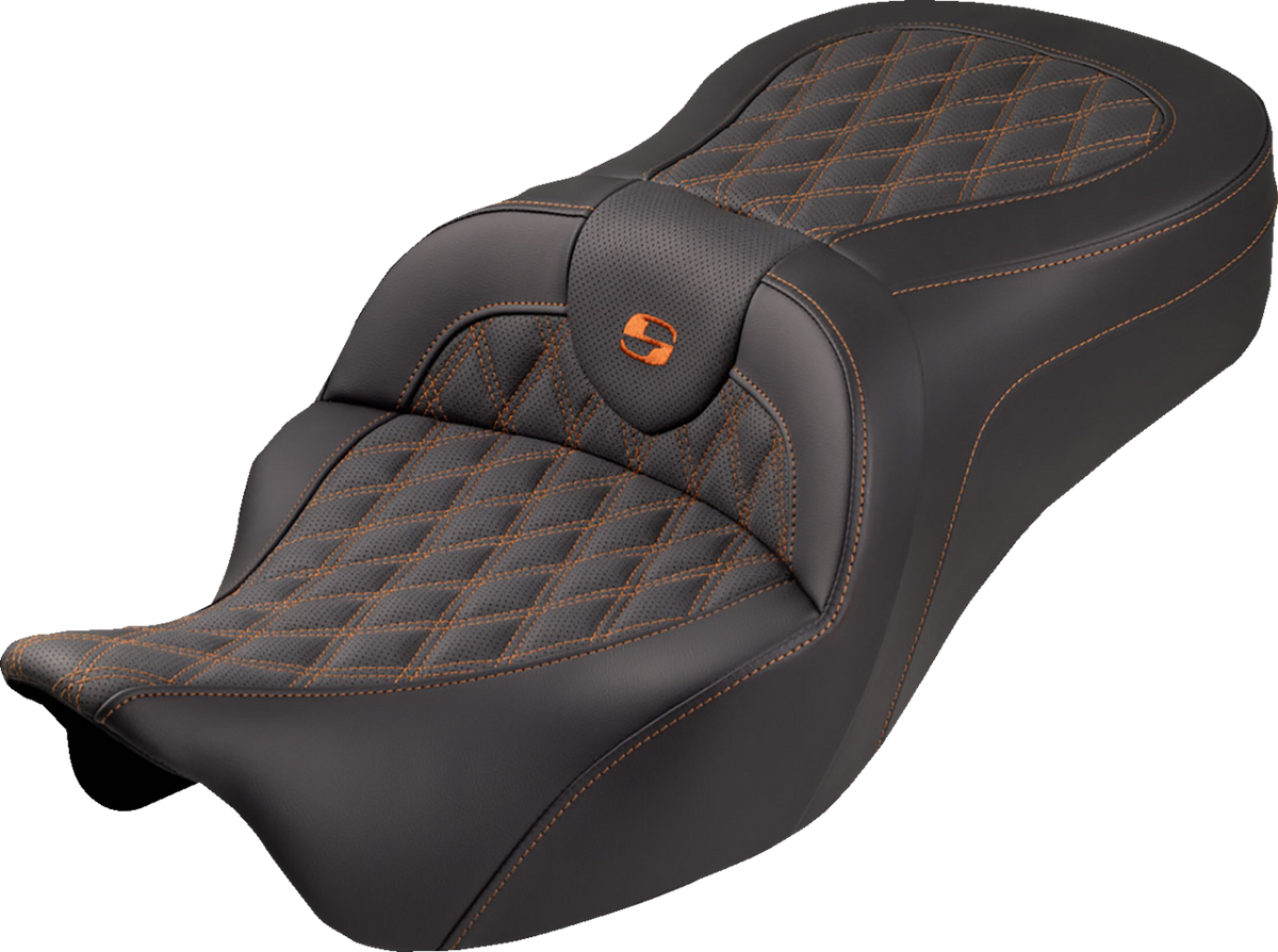 Roadsofa™ King Seat - No Backrest - Lattice Stitch - Orange Stitch - FLH/FLT '08-'25