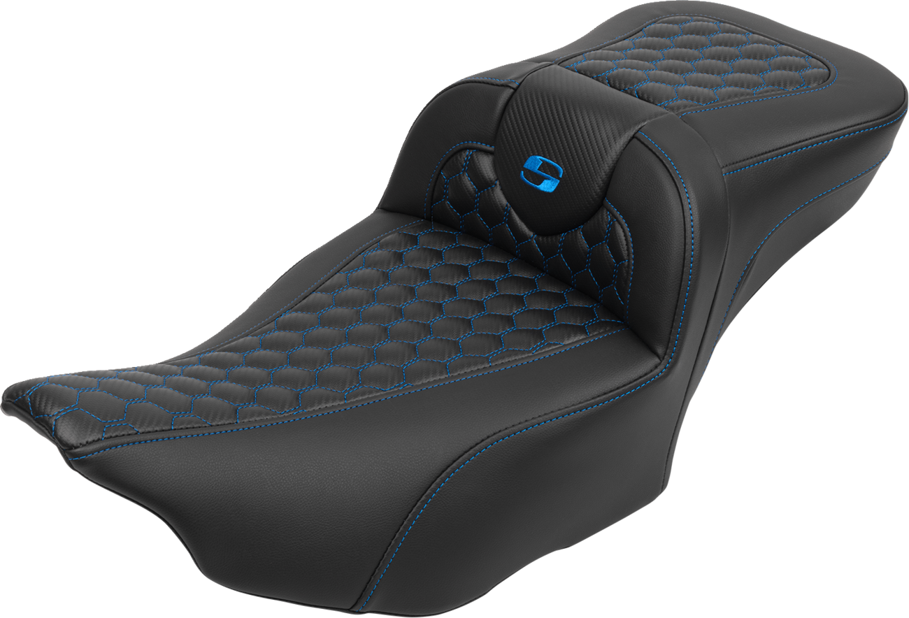 Roadsofa™ Extended Reach Seat - With Backrest - Honeycomb - Blue Stitch - FLTR/FLHX '23-'24