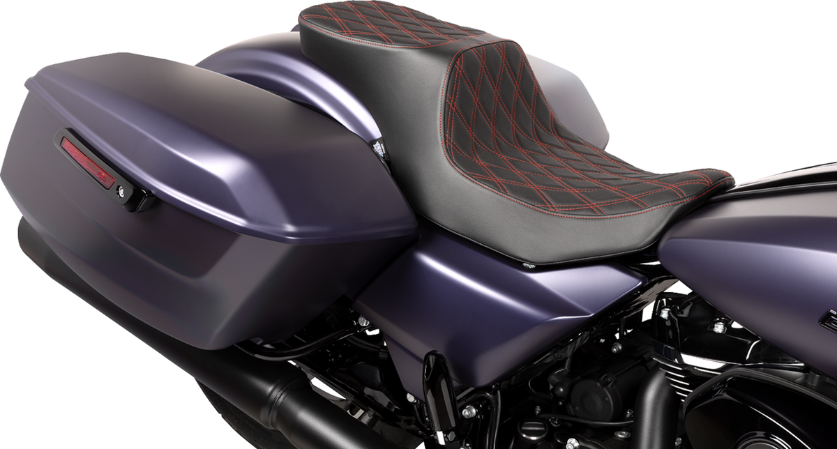 Predator 2-Up Seat - Vinyl - Double Diamond Red Stitch - W/O Backrest - FLT/FLH '23-'24