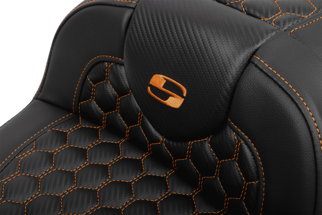 Roadsofa™ Extended Reach Seat - With Backrest - Honeycomb - Orange Stitch - FLTR/FLHX '23-'24