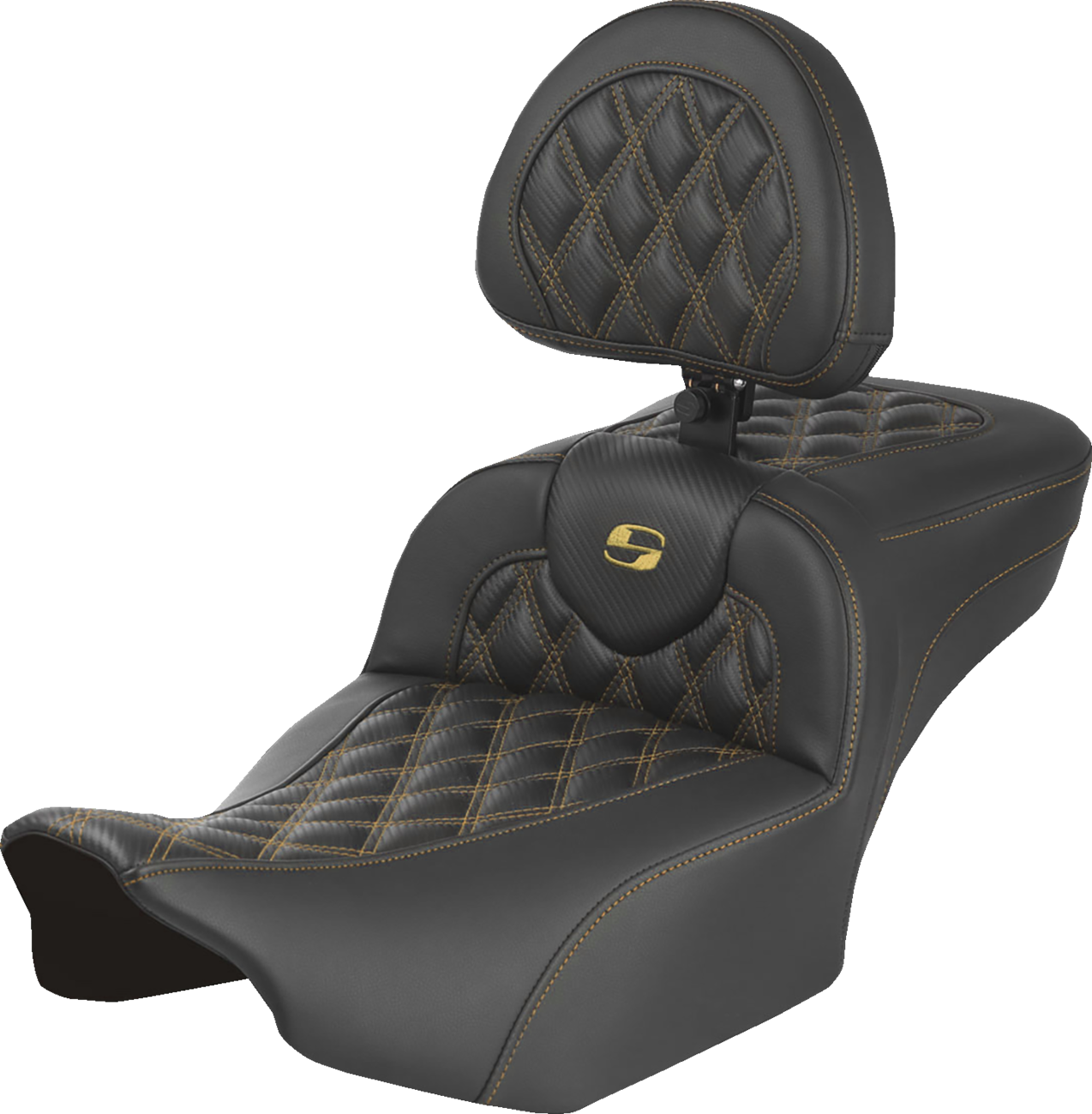Extended Reach Roadsofa™ Seat - Carbon Fiber - With Backrest - Gold Lattice Stitch - FLH/FLT '23-'25