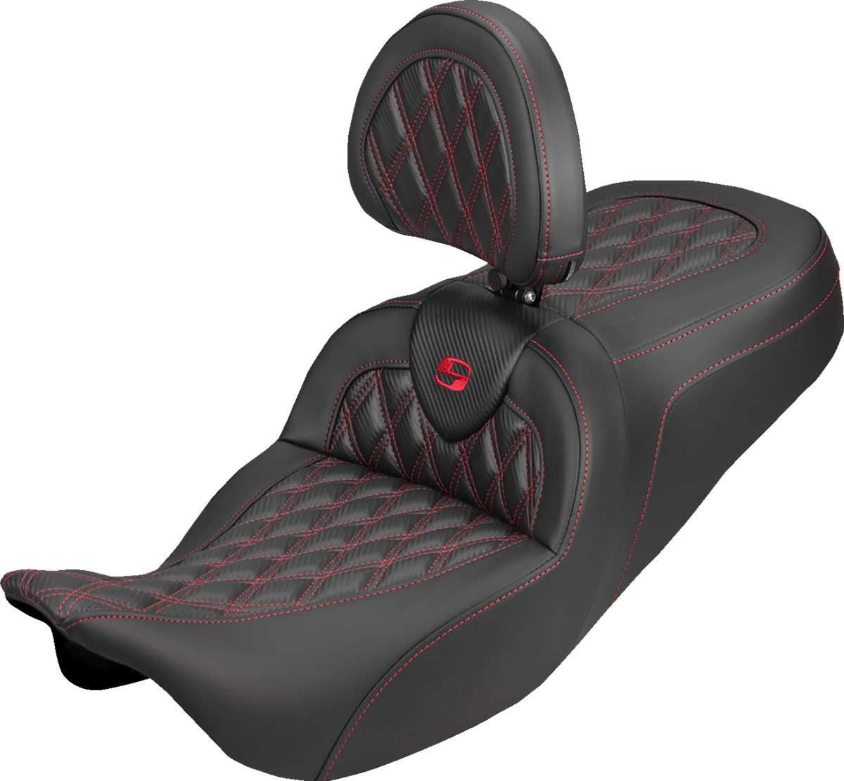 Roadsofa™ Carbon Fiber Seat - Lattice - Red Stitch - With Backrest - FLH/FLT '08-'25