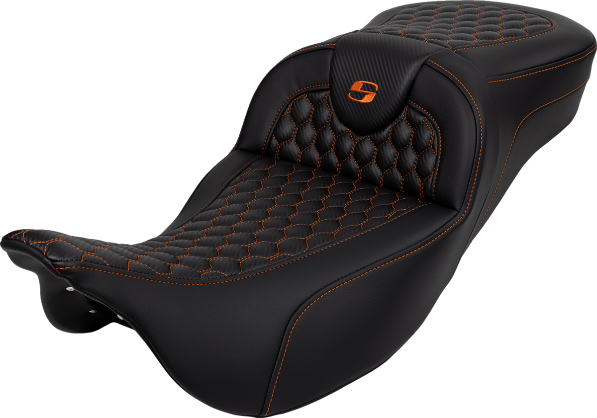 RoadSofa™ Seat - Honeycomb - Orange Stitch - Extended Reach - Without Backrest - FLH/FLT '08-'24