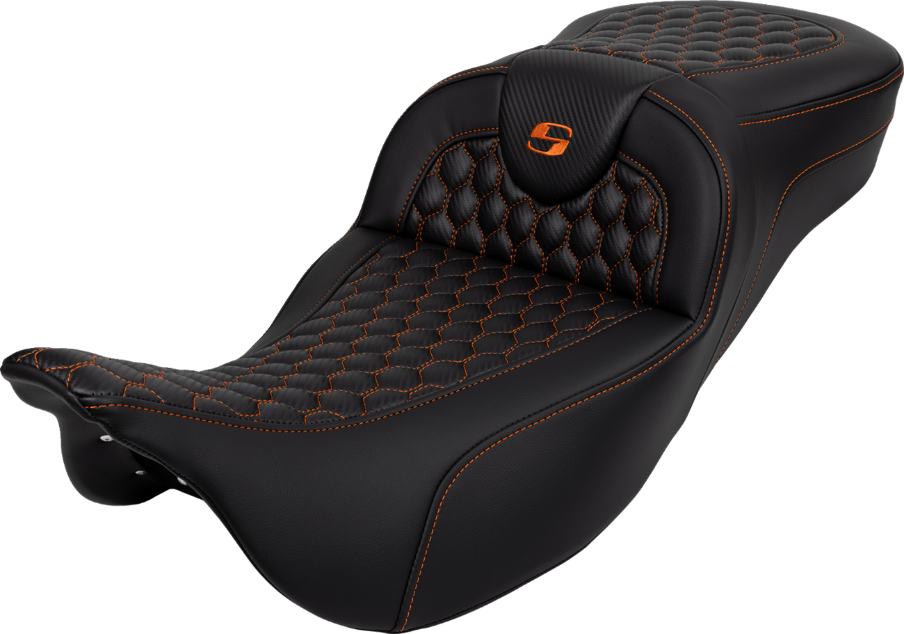 RoadSofa™ Seat - Honeycomb - Orange Stitch - Extended Reach - Without Backrest - FLH/FLT '08-'24