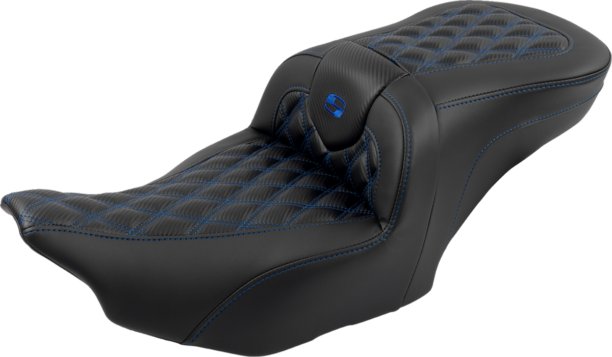 RoadSofa™ Seat - With Backrest - Carbon Fiber - Lattice Stitch - Blue Stitch - FLTR/FLHX '23-'24