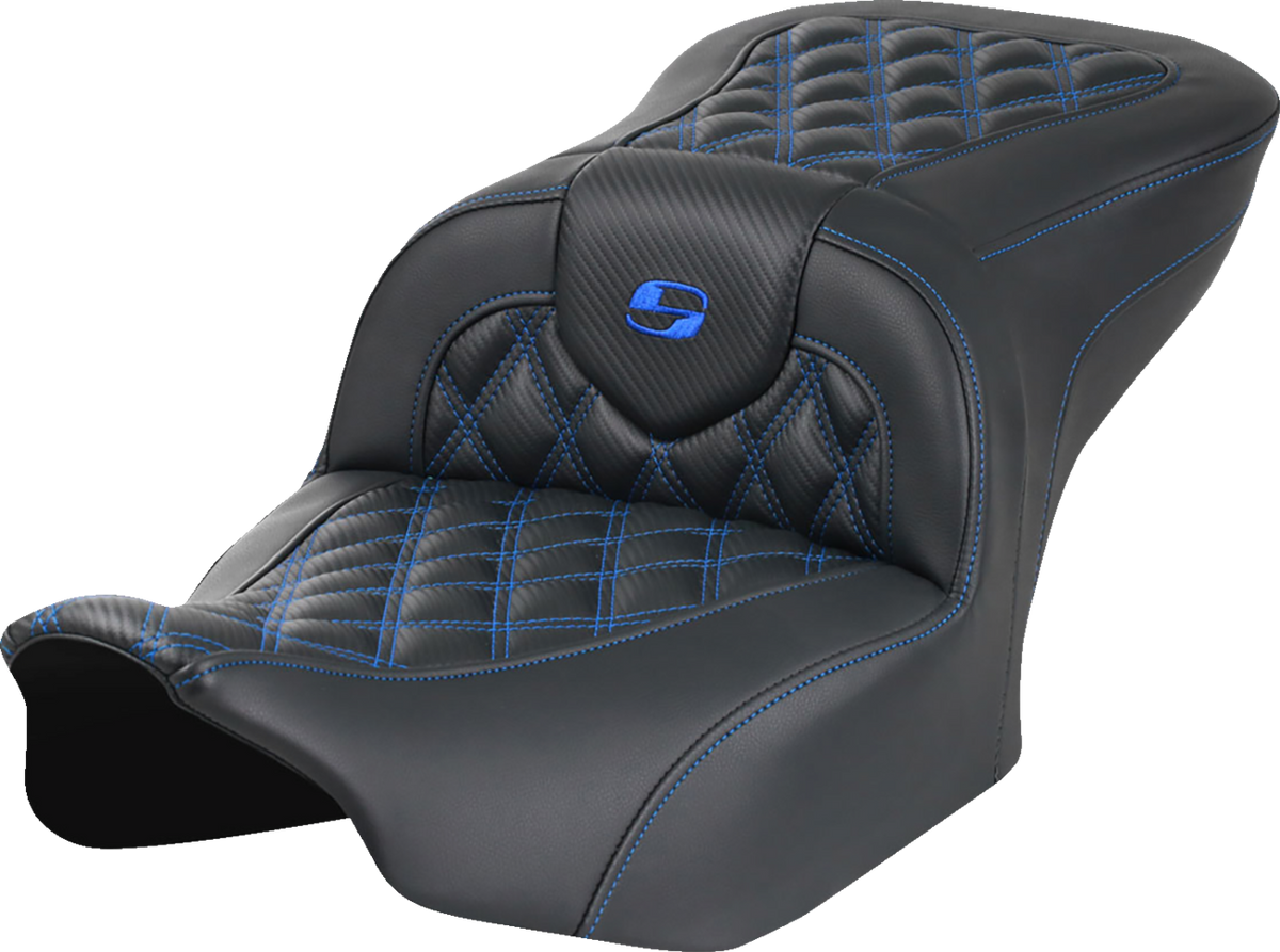 RoadSofa™ Seat - Without Backrest - Carbon Fiber - Lattice Stitch - Blue Stitch - FLTR/FLHX '23-'24