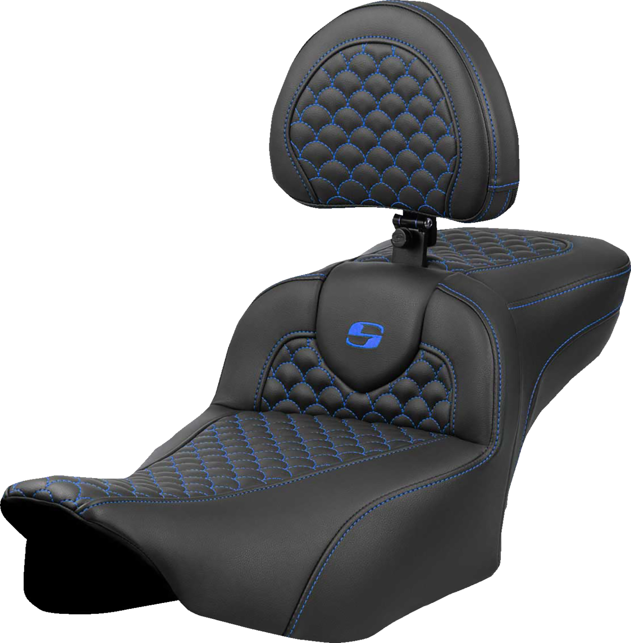 Roadsofa™ Extended Reach Seat - Dragon Scale Stitch - Blue Stitch - W/ Backrest - FLTR/FLHX '23-'24