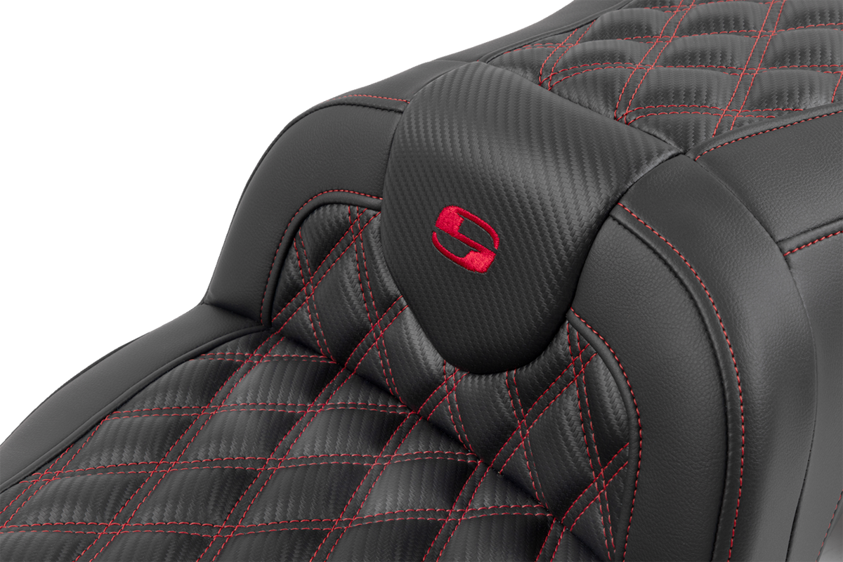 RoadSofa™ Seat - With Backrest - Carbon Fiber - Lattice Stitch - Red Stitch - FLTR/FLHX '23-'24