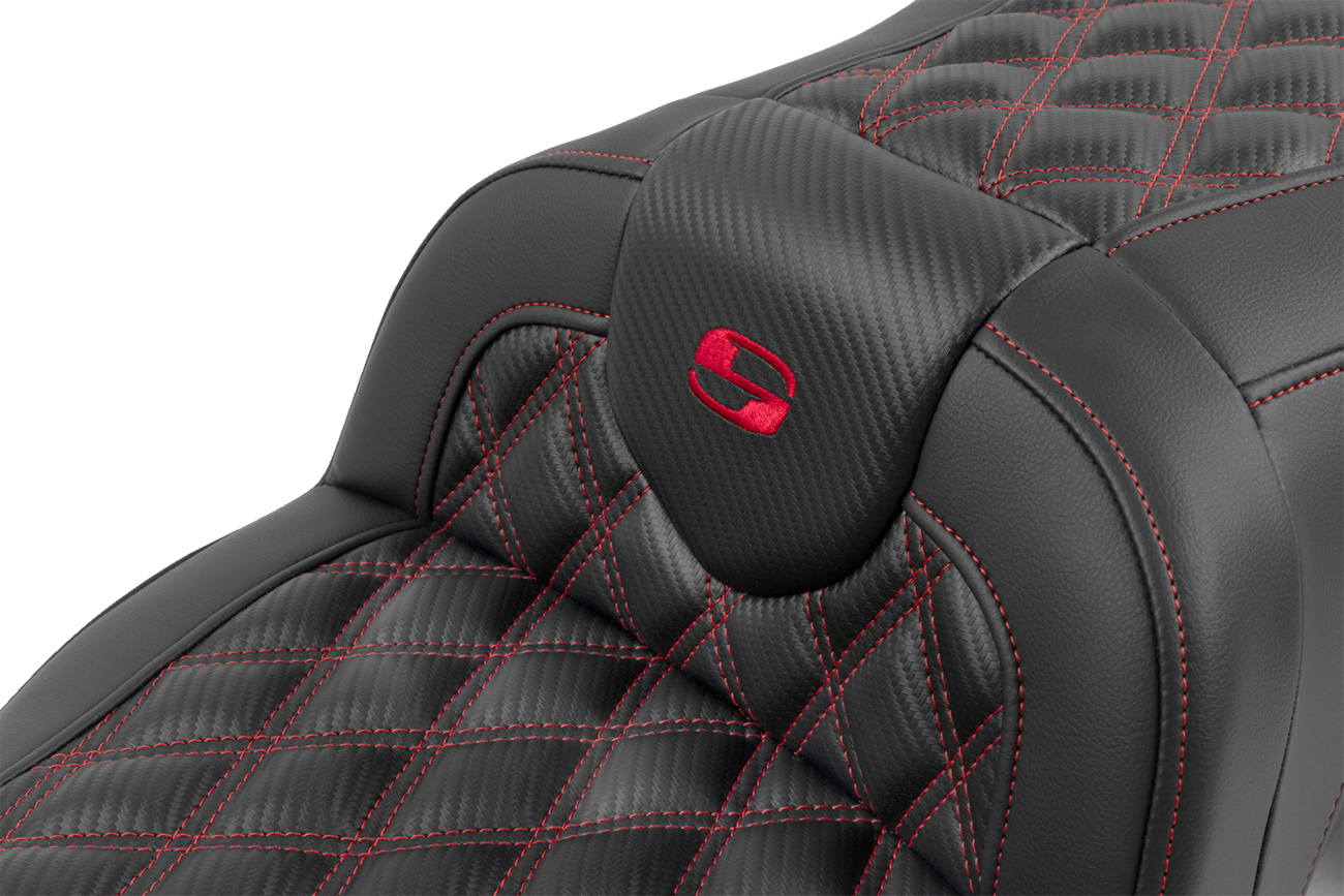 RoadSofa™ Seat - With Backrest - Carbon Fiber - Lattice Stitch - Red Stitch - FLTR/FLHX '23-'24