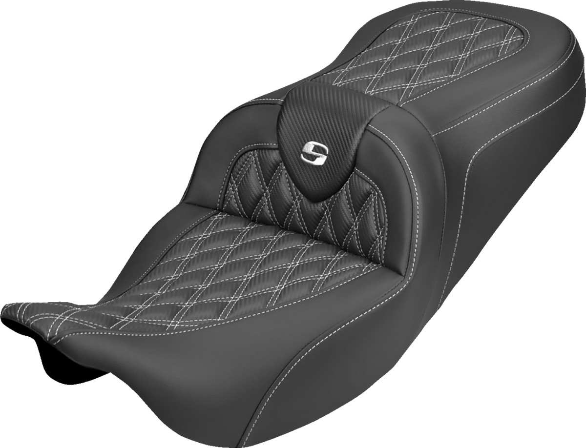 Roadsofa™ Carbon Fiber Seat - Lattice - White Stitch - Without Backrest - FLH/FLT '08-'25
