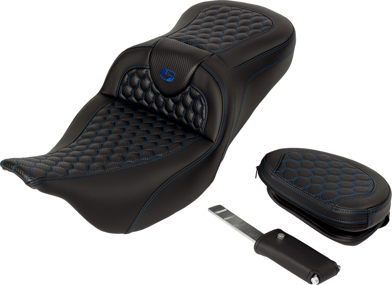 RoadSofa™ Seat - Honeycomb - Blue Stitch - With Backrest - FLH/FLT '08-'23