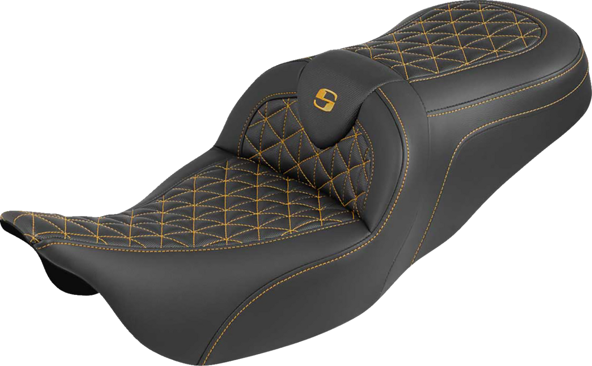 RoadSofa™ Tri Gripper Seat - Standard Reach - Gold Stitch - W/O Backrest - FLH/FLT '08-'25