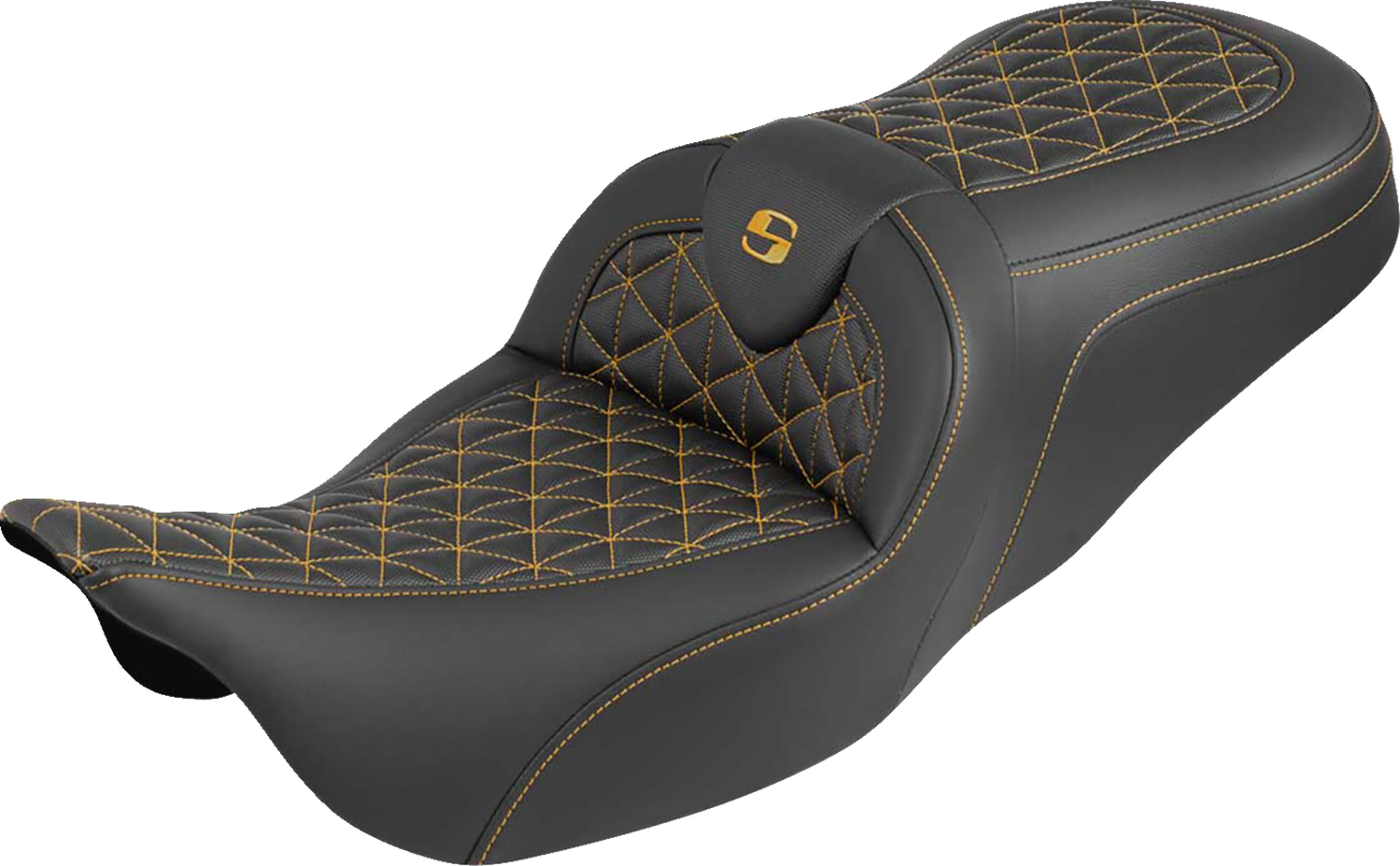 RoadSofa™ Tri Gripper Seat - Standard Reach - Gold Stitch - W/O Backrest - FLH/FLT '08-'25