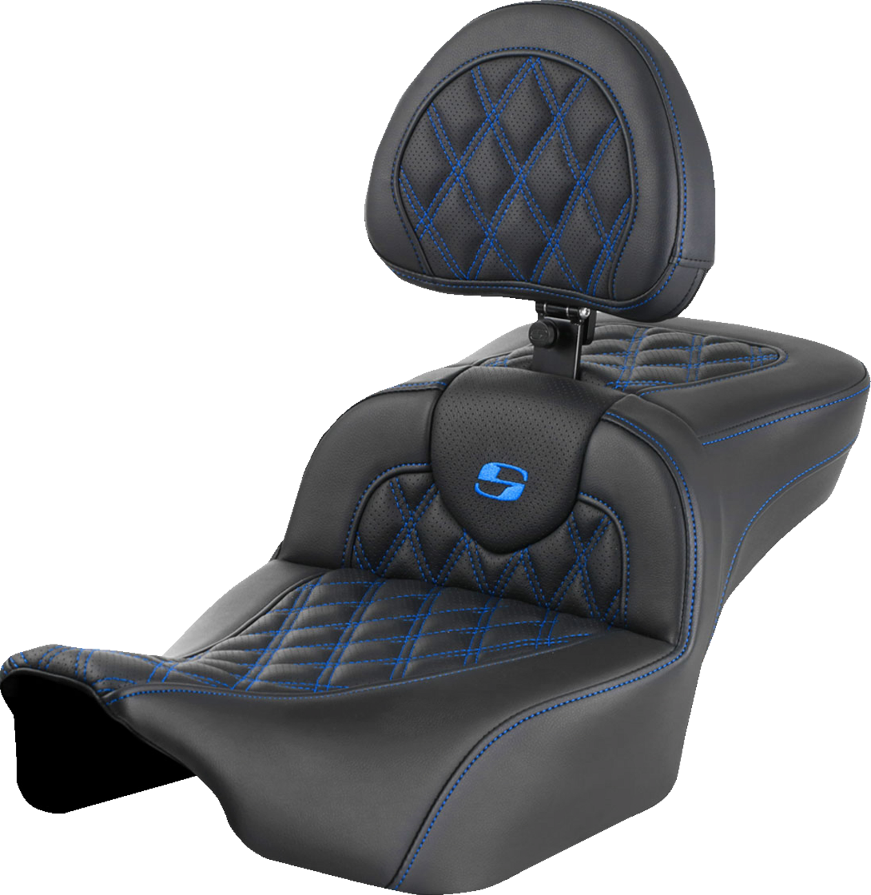 Roadsofa™ Extended Reach Seat - With Backrest - Lattice Stitch - Blue Stitch - FLTR/FLHX '23-'24