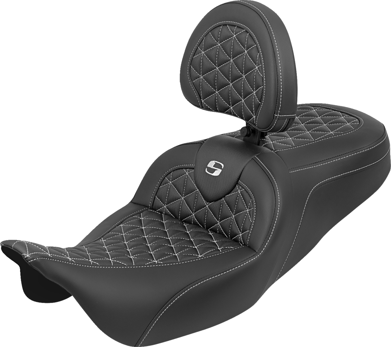 RoadSofa™ Tri Gripper Seat - Standard Reach - White Stitch - W/ Backrest - FLH/FLT '08-'25