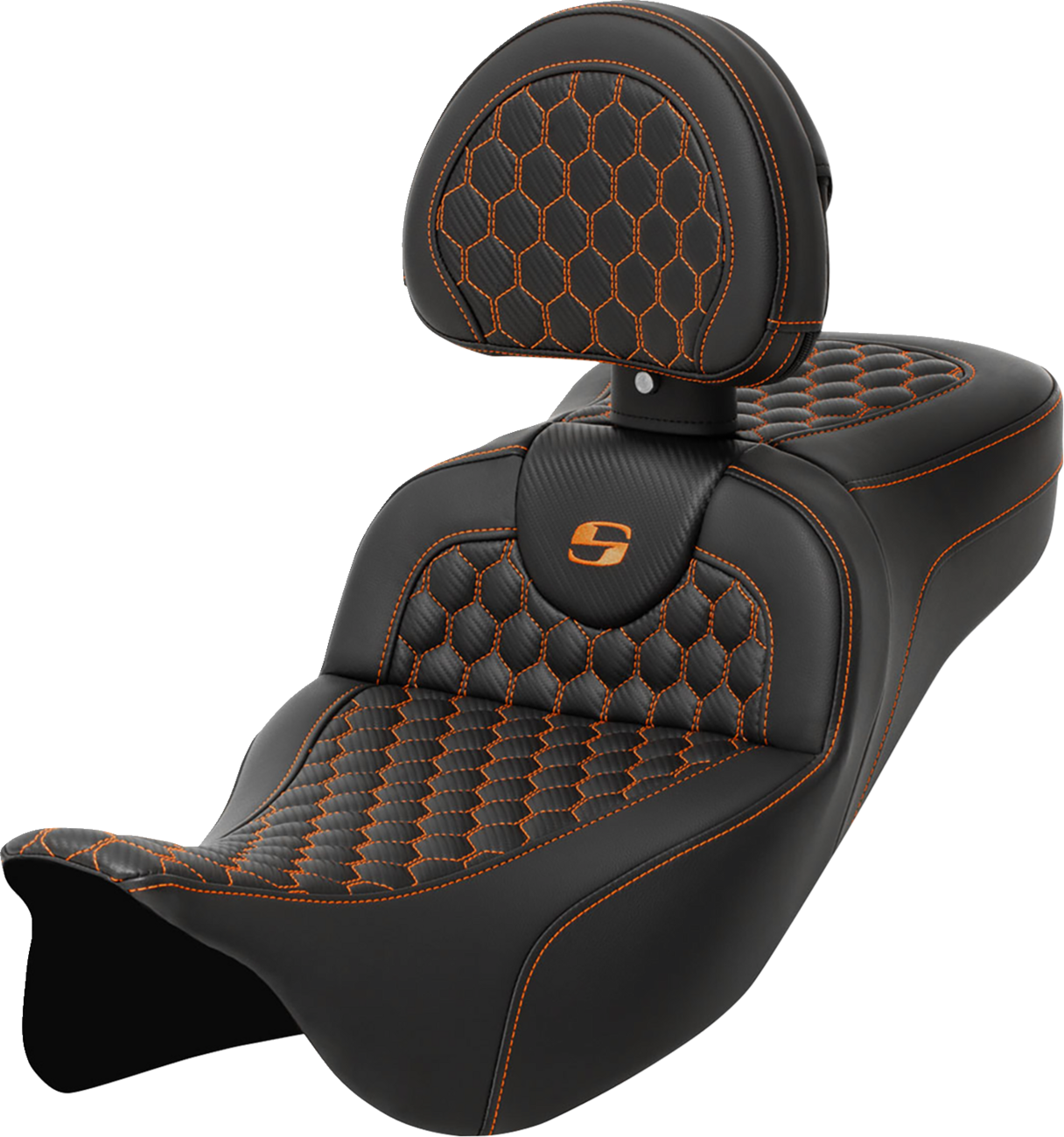 RoadSofa™ Seat - Honeycomb - Orange Stitch - With Backrest - Extended Reach - FLH/FLT '08-'24