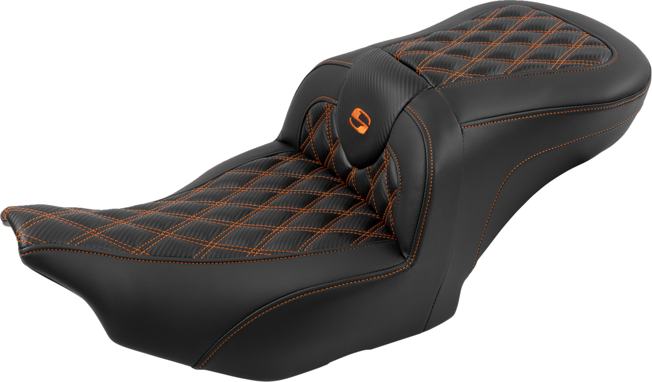RoadSofa™ Seat - With Backrest - Carbon Fiber - Lattice Stitch - Orange Stitch - FLTR/FLHX '23-'24