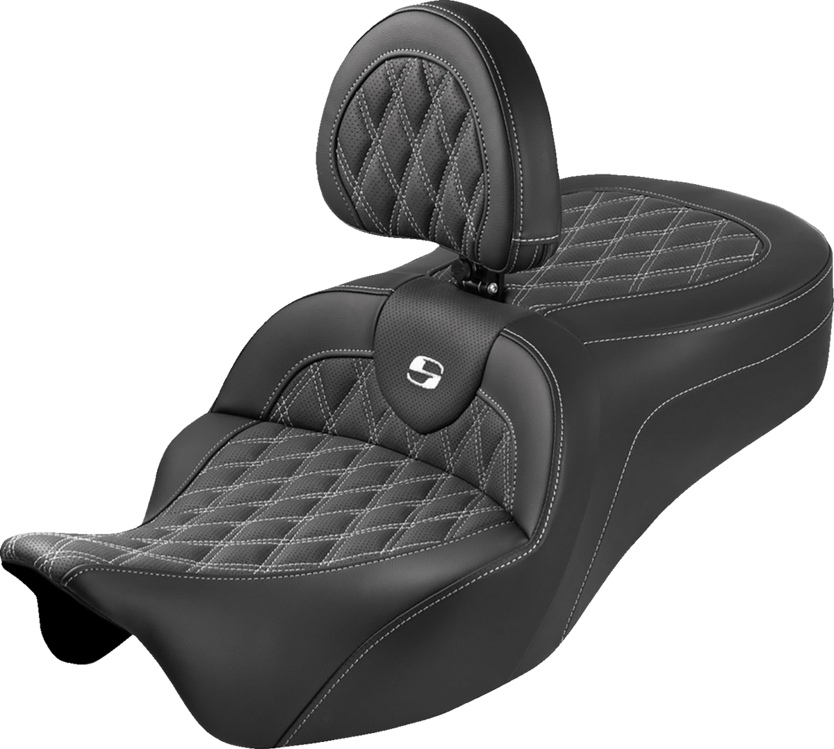 Roadsofa™ King Seat - With Backrest - Lattice Stitch - White Stitch - FLH/FLT '08-'25