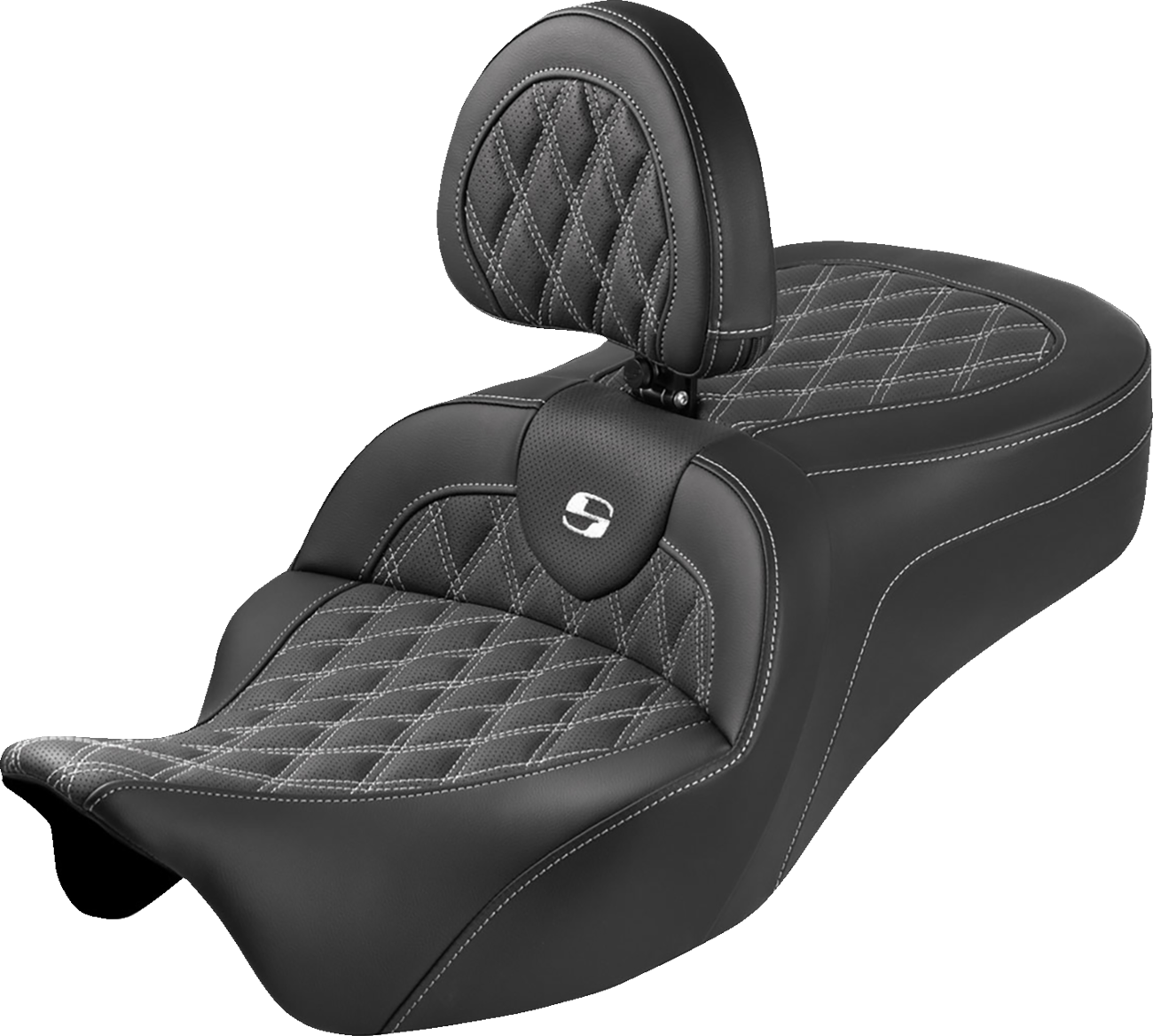 Roadsofa™ King Seat - With Backrest - Lattice Stitch - White Stitch - FLH/FLT '08-'25