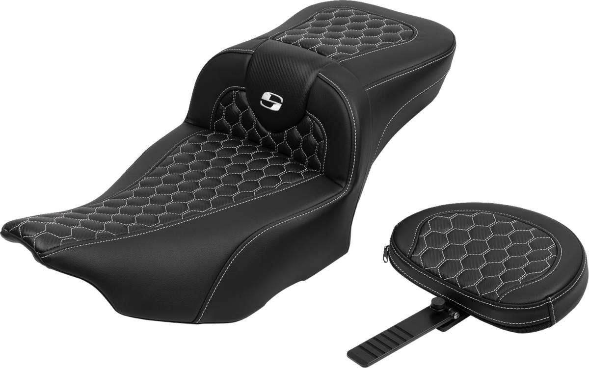 Roadsofa™ Extended Reach Seat - With Backrest - Honeycomb - White Stitch - FLTR/FLHX '23-'24
