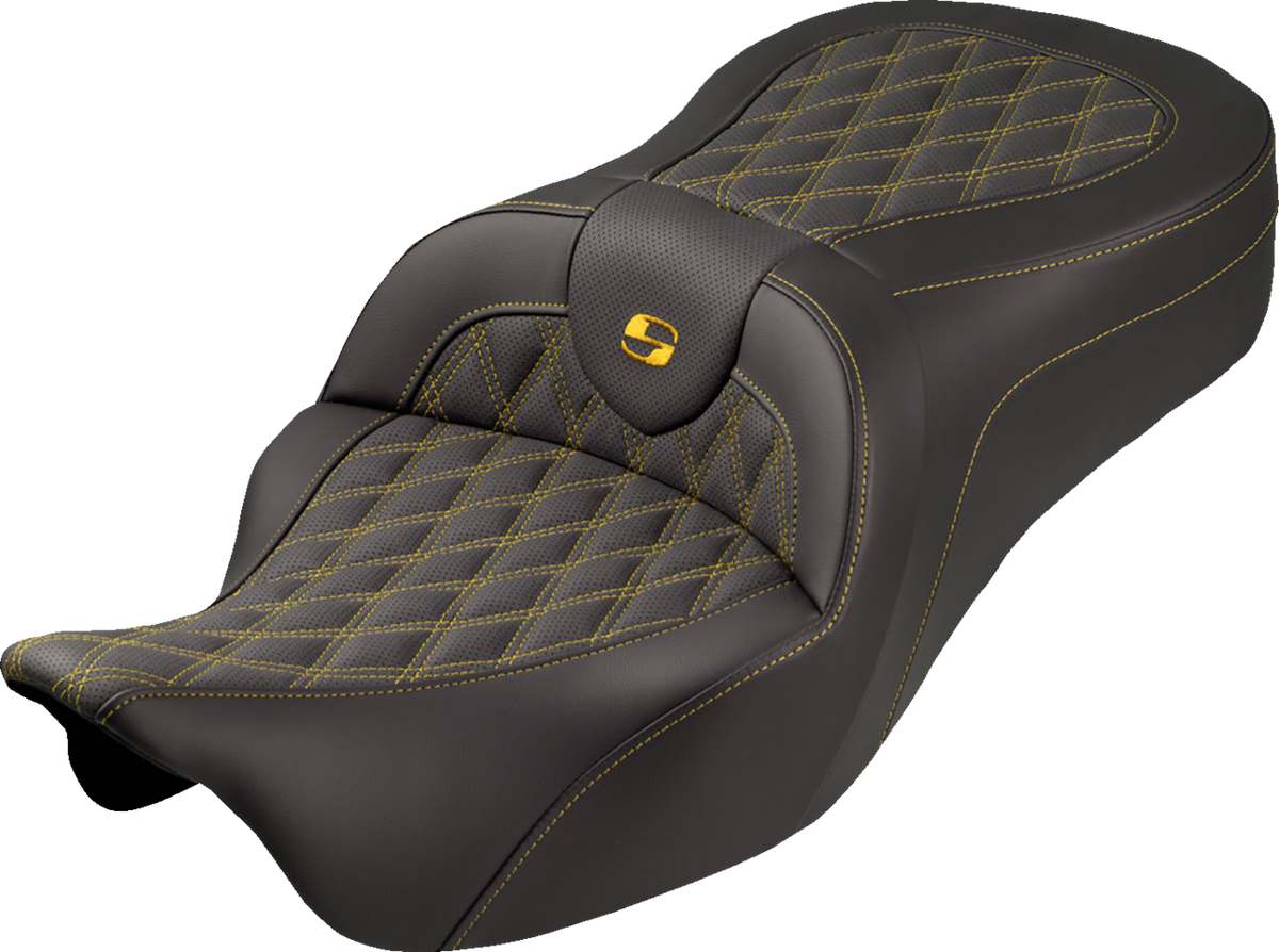 Roadsofa™ King Seat - No Backrest - Lattice Stitch - Gold Stitch - FLH/FLT '08-'25