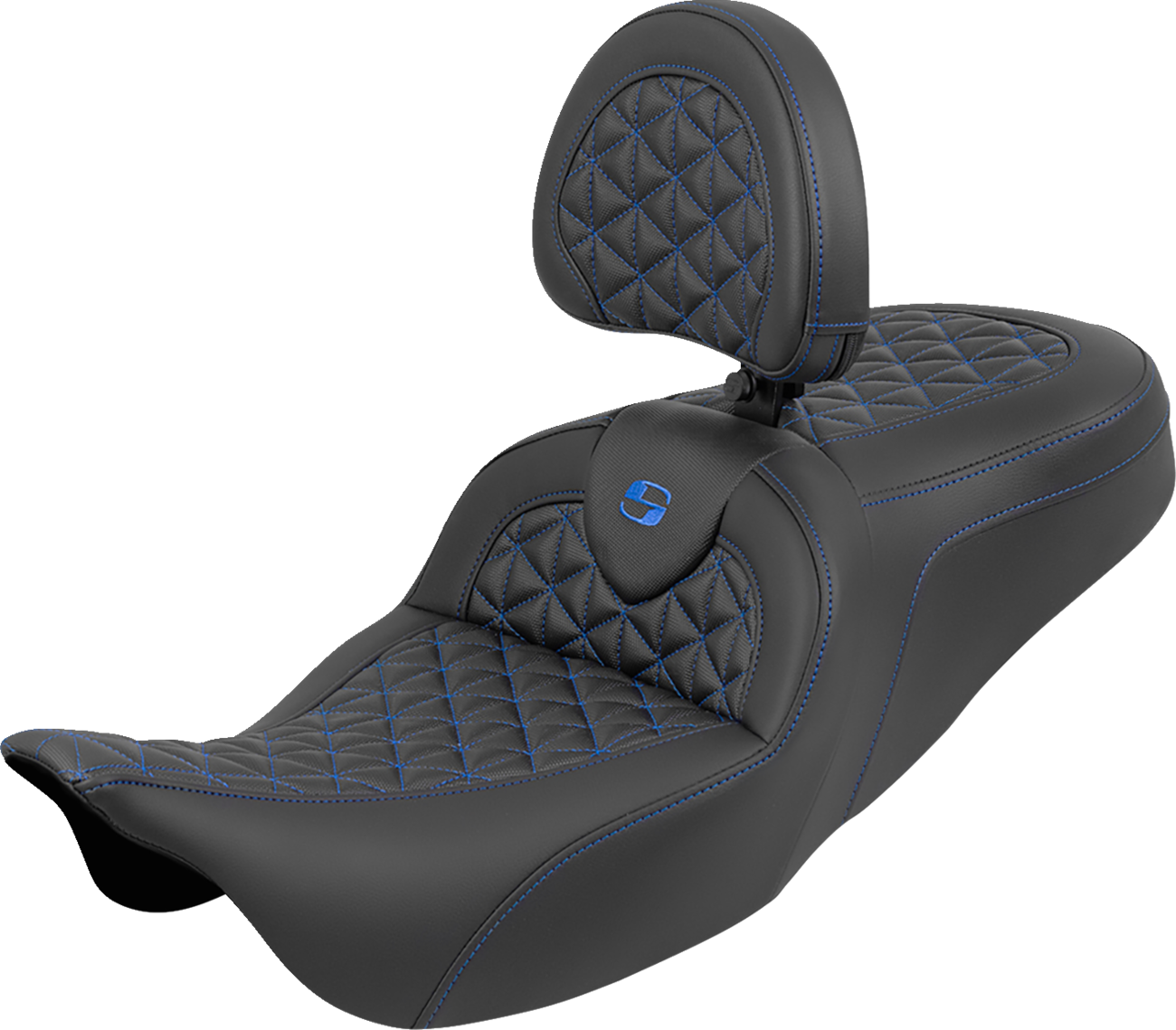 RoadSofa™ Tri Gripper Seat - Standard Reach - Blue Stitch - W/ Backrest - FLH/FLT '08-'25