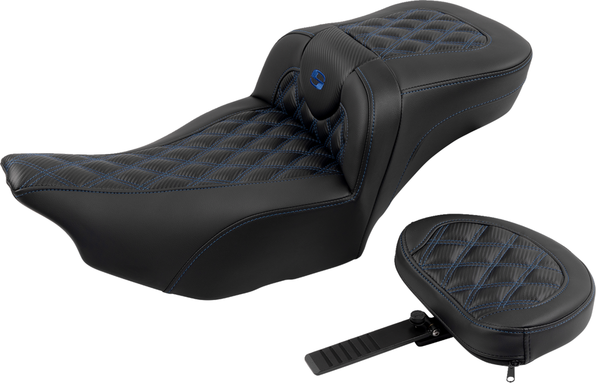 Roadsofa™ Extended Reach Seat - With Backrest - Lattice Stitch - Blue Stitch - FLTR/FLHX '23-'24