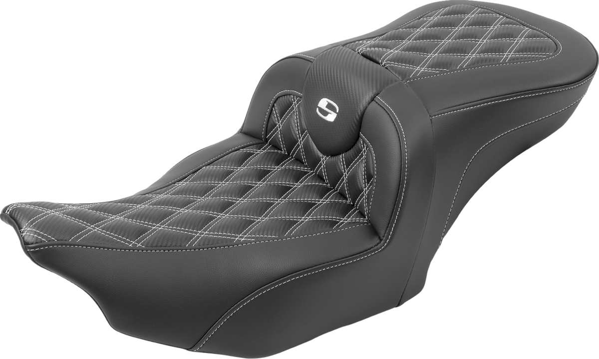RoadSofa™ Seat - With Backrest - Carbon Fiber - Lattice Stitch - White Stitch - FLTR/FLHX '23-'24