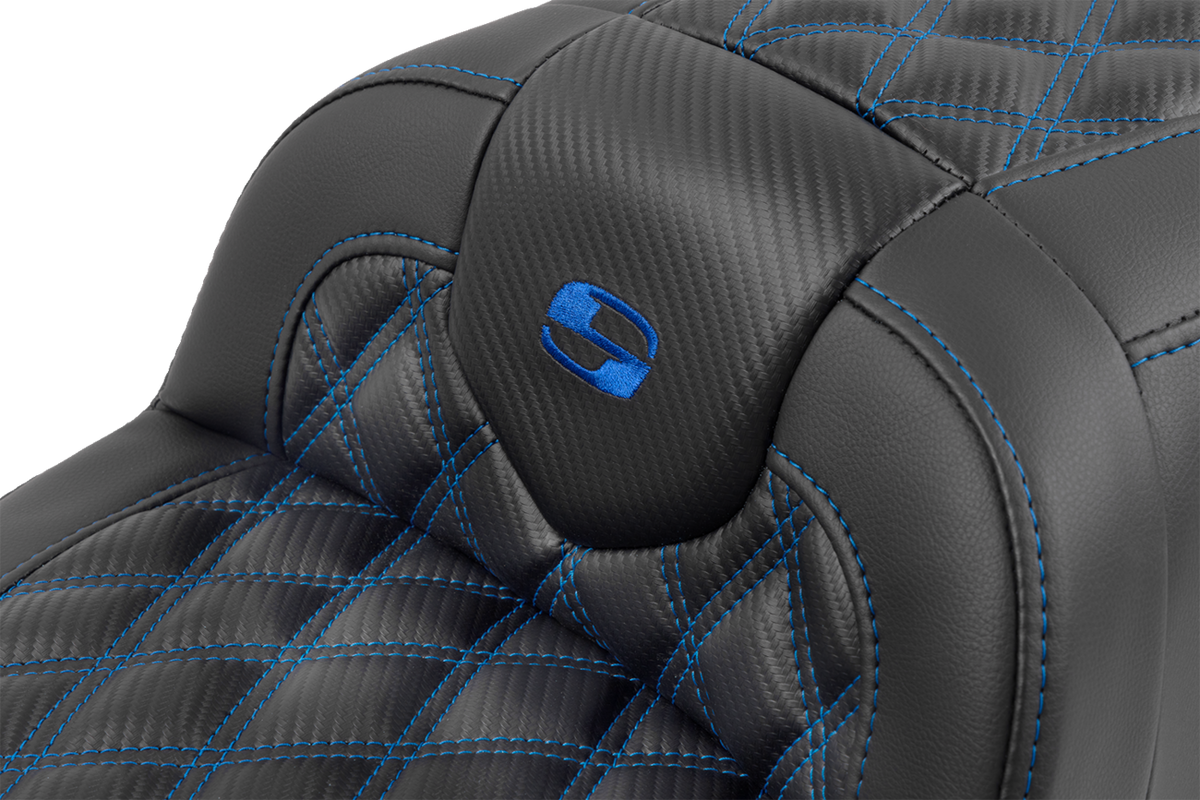 RoadSofa™ Seat - With Backrest - Carbon Fiber - Lattice Stitch - Blue Stitch - FLTR/FLHX '23-'24