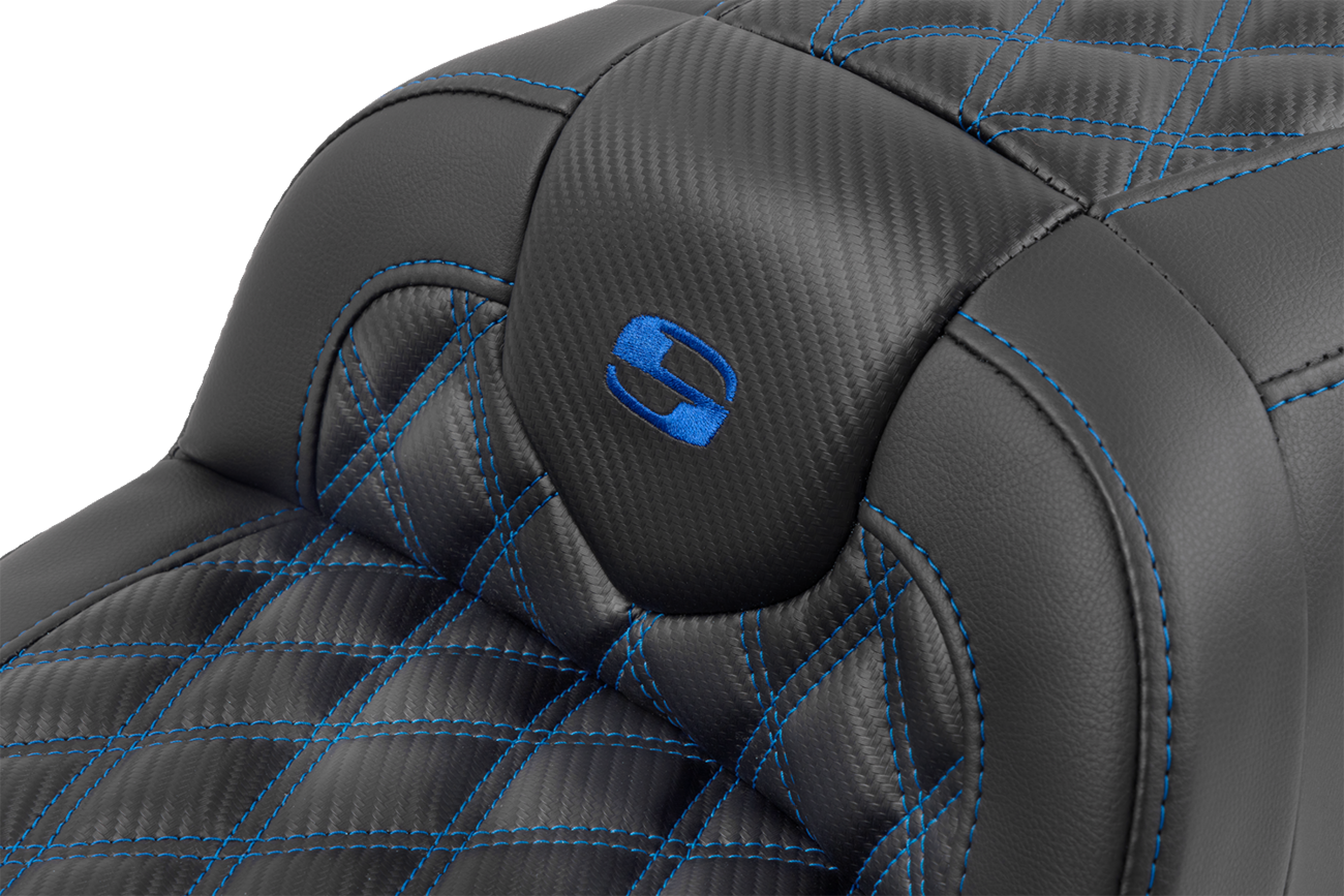 RoadSofa™ Seat - With Backrest - Carbon Fiber - Lattice Stitch - Blue Stitch - FLTR/FLHX '23-'24