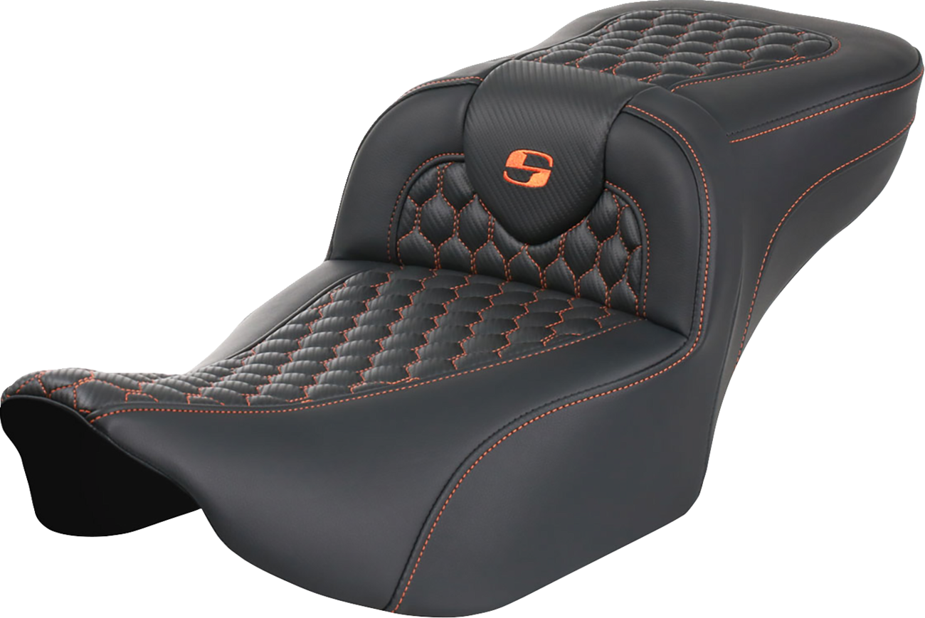 Roadsofa™ Extended Reach Seat - Without Backrest - Honeycomb - Orange Stitch - FLTR/FLHX '23-'24