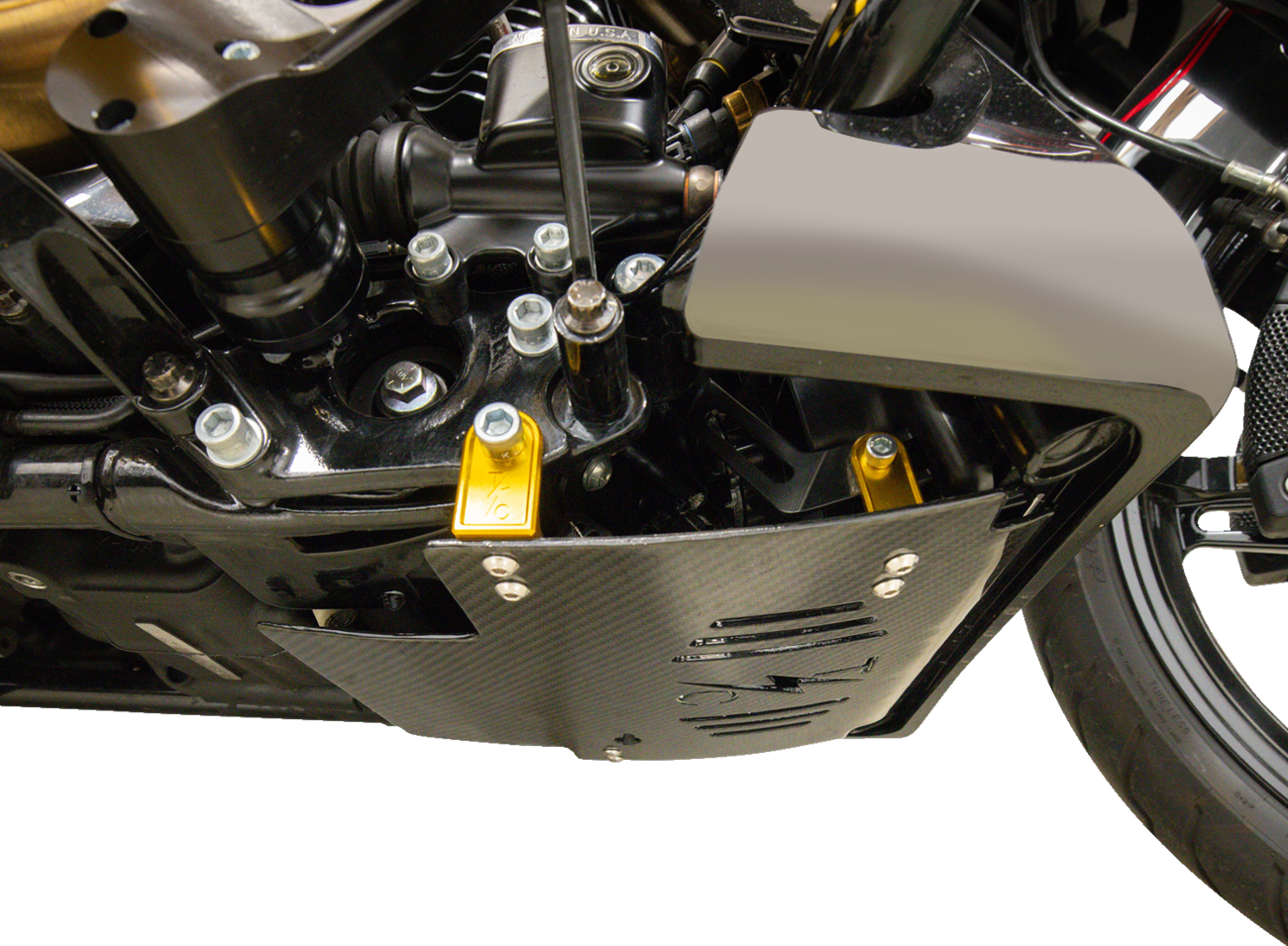 Skid Plate - Carbon Fiber/Gloss - With Gold Brackets - FLHX/FLTRX