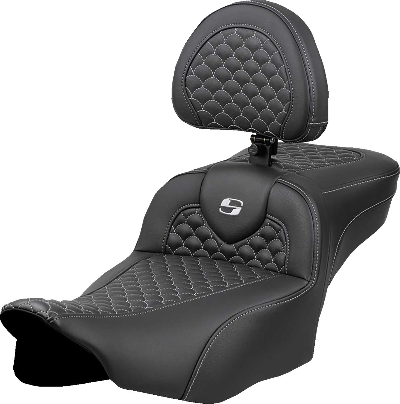 Roadsofa™ Extended Reach Seat - Dragon Scale Stitch - Silver Stitch - W/ Backrest - FLT/FLH '23-'24
