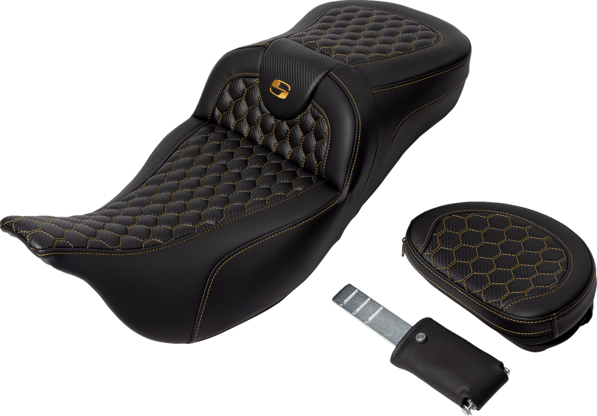RoadSofa™ Seat - Honeycomb - Gold Stitch - With Backrest - Extended Reach - FLH/FLT '08-'24